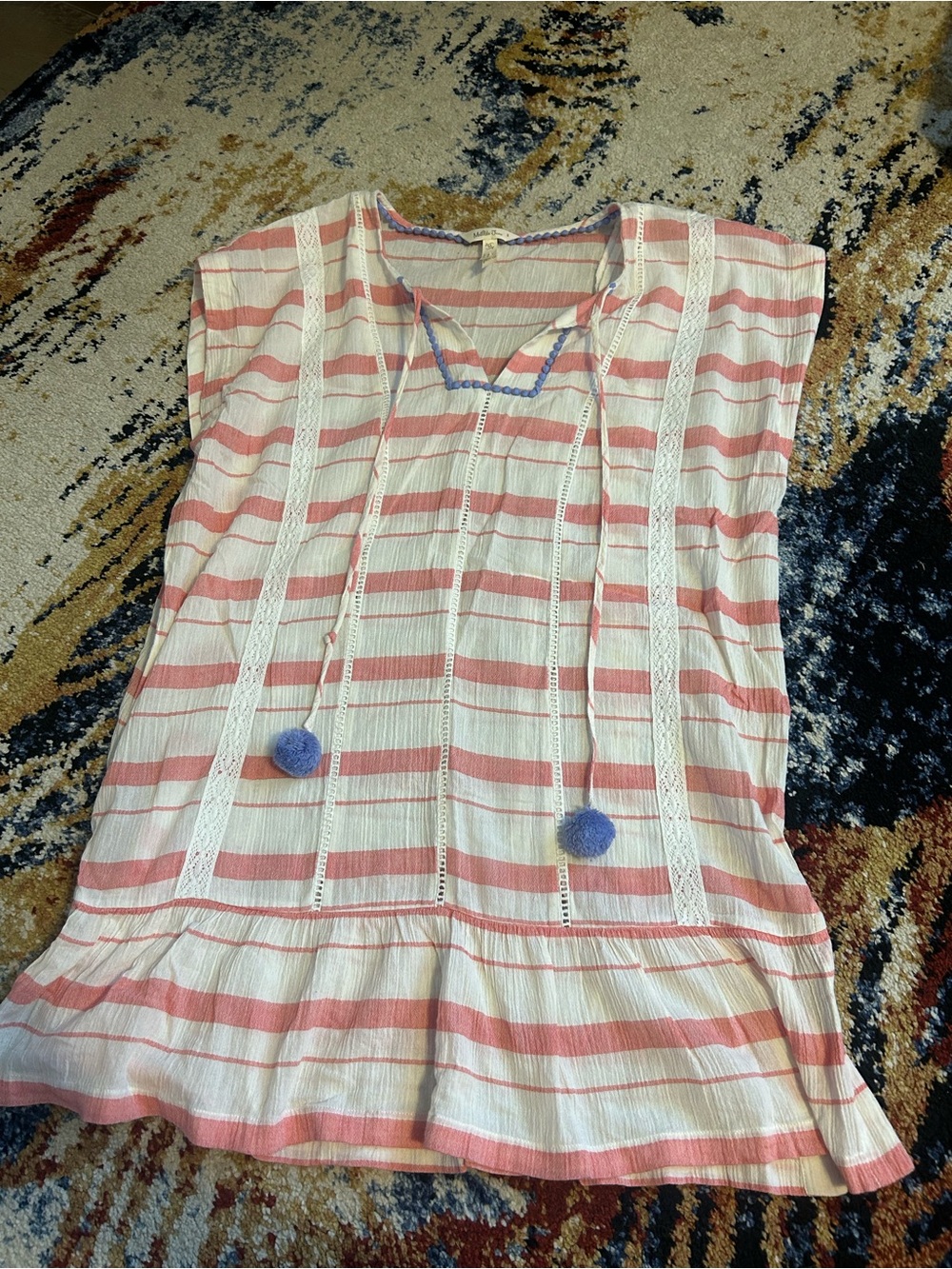 Matilda Jane Cream and Pink Striped Cotton Tunic Dress with Pom-Poms